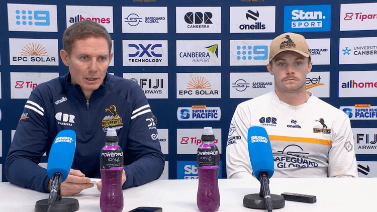 Stephen Larkham and Ryan Lonergan speak to media after 24-14 win over the Reds