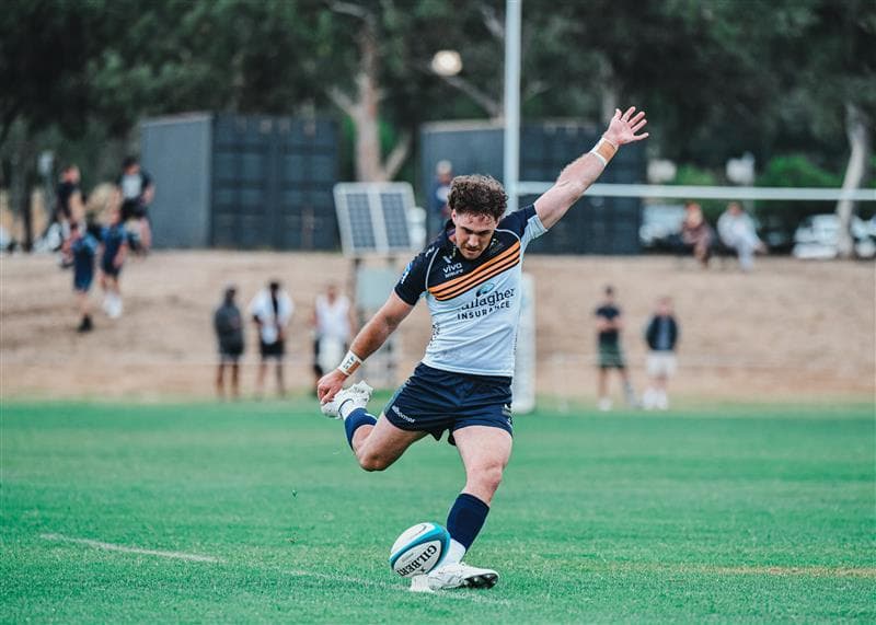Chace Oates slots a conversion for the ACT Brumbies Super Rugby Next Gen side against the Queensland Reds