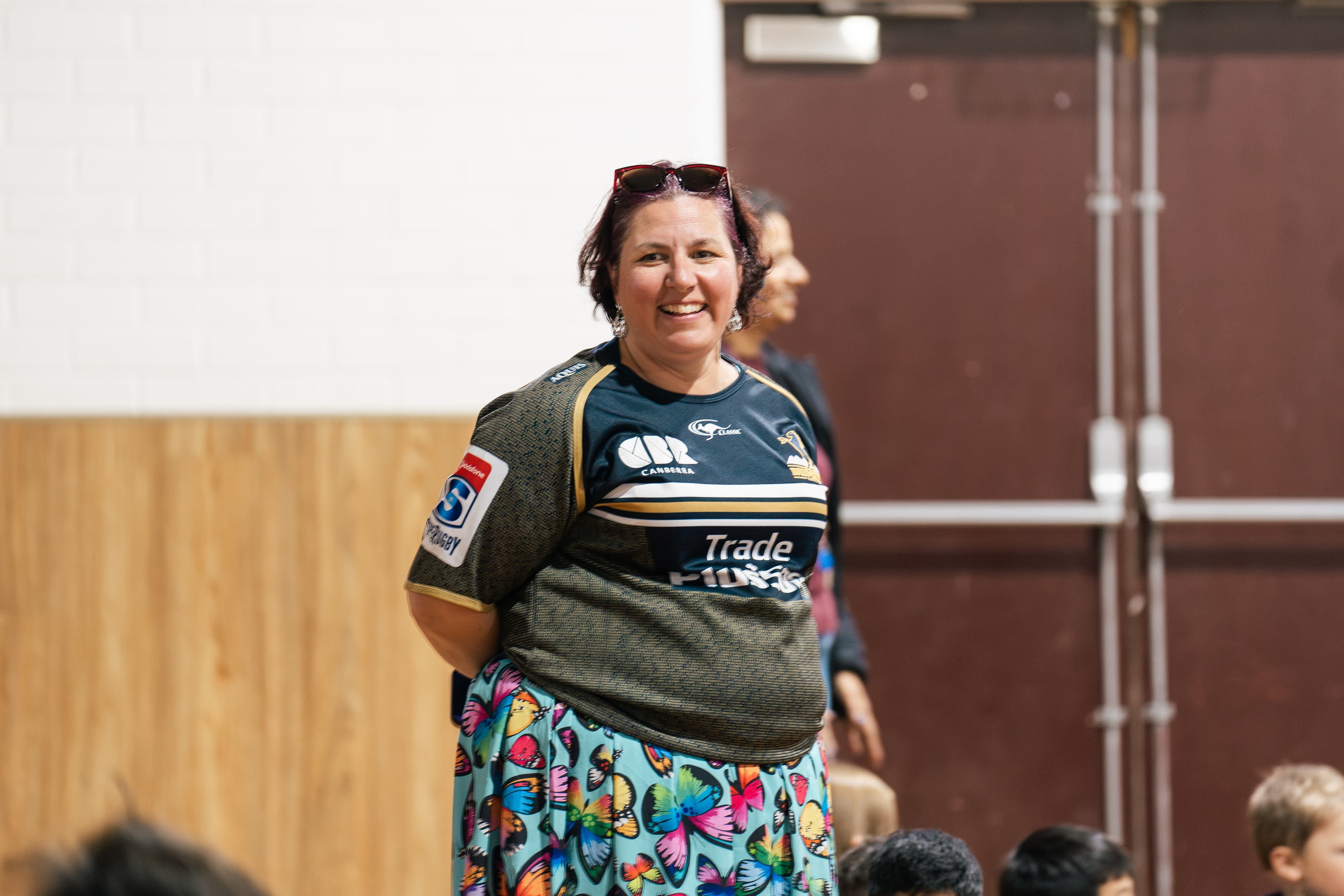 Kindergarten teacher Stephanie Wilson taught the students the Brumbies team song.