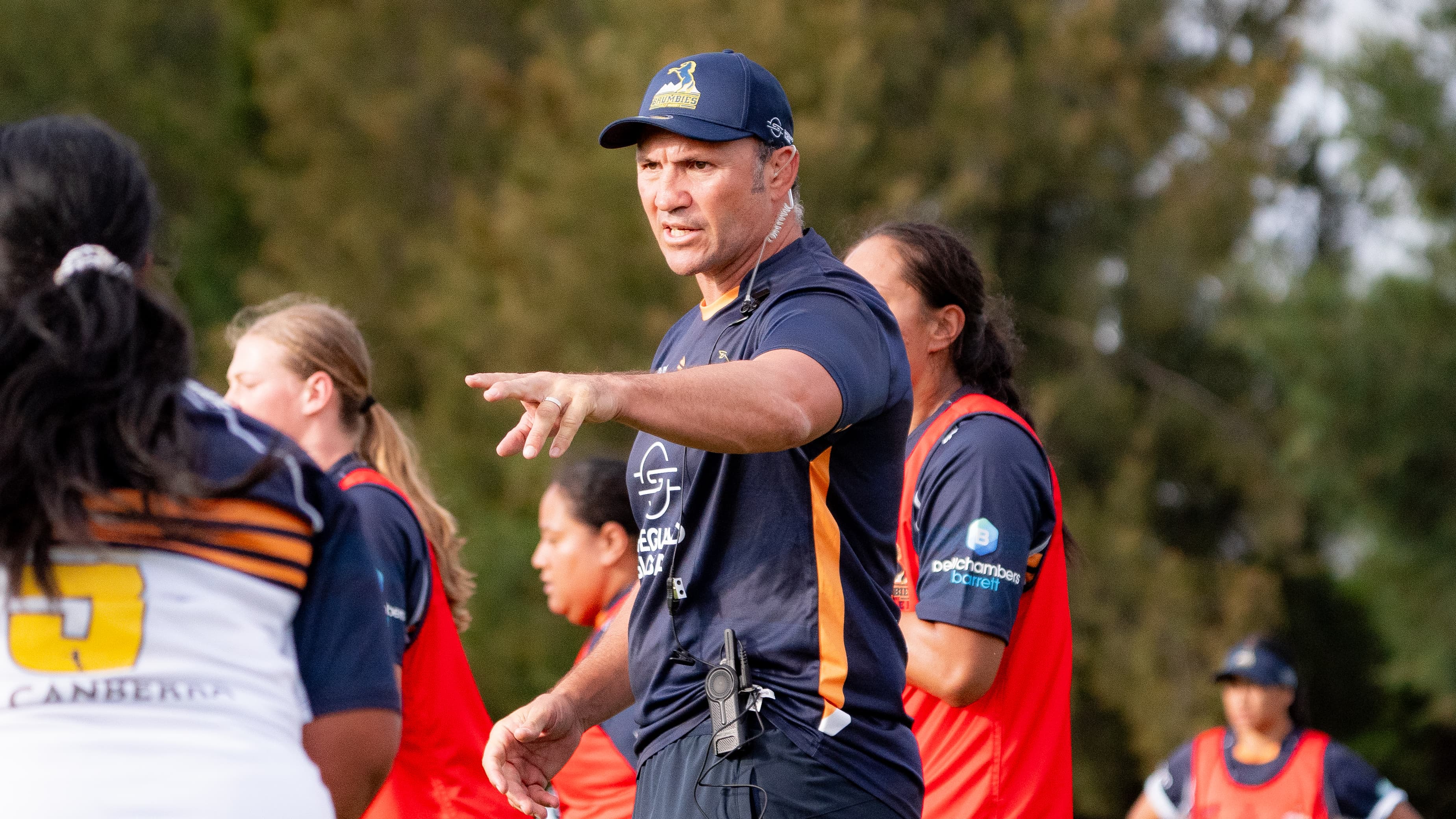 Scott Fava running a Brumbies Women's training session in 2024.