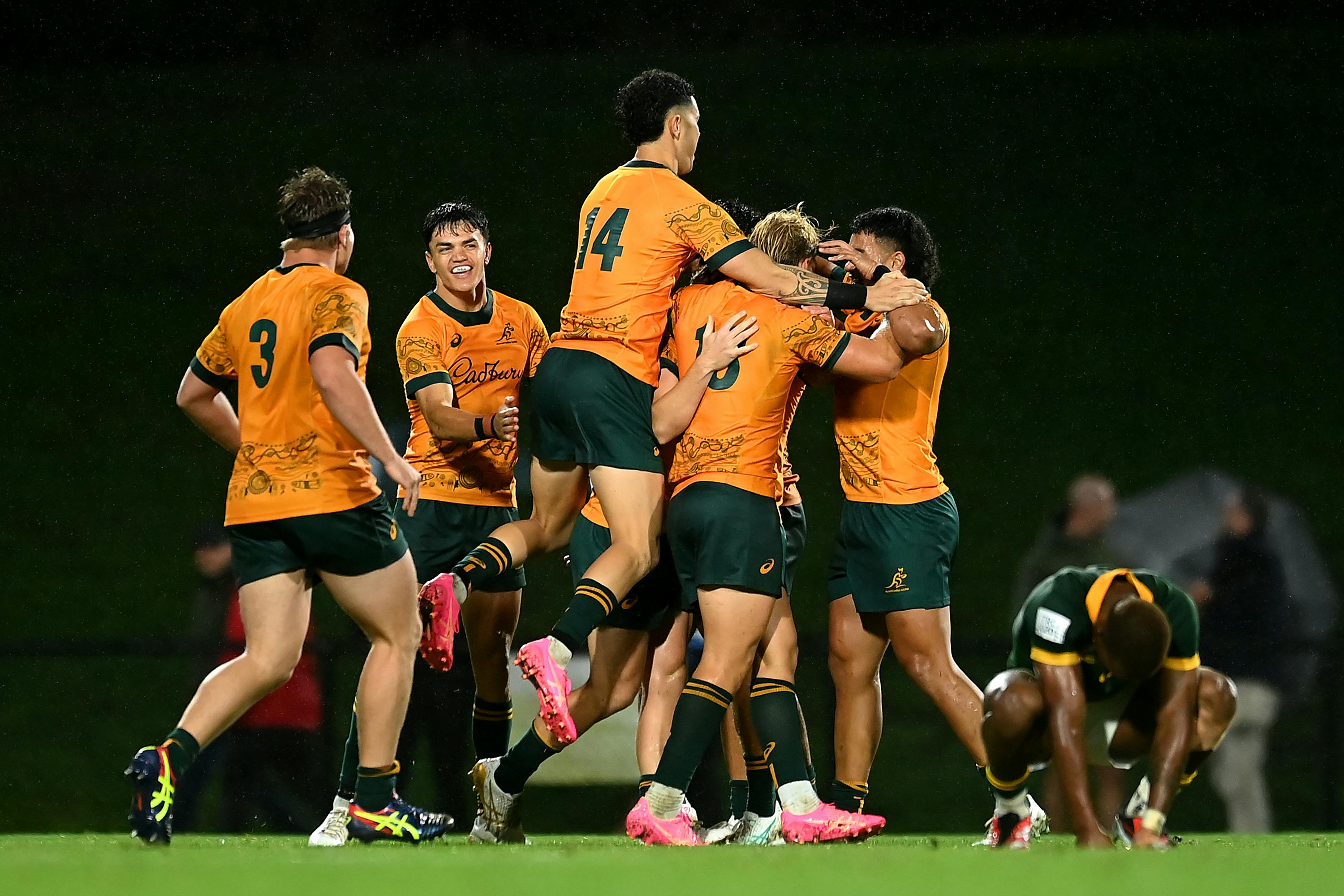 Australia celebrate defeating South Africa in the TRC U20 on the Sunshine Coast. Picture: Getty