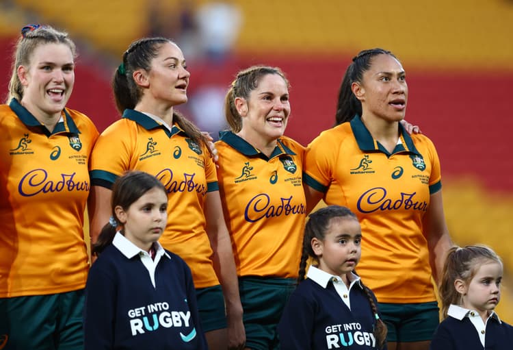 Wallaroos captain Siokapesi Palu (far right) has re-signed with Rugby Australia. Photo: Getty Images