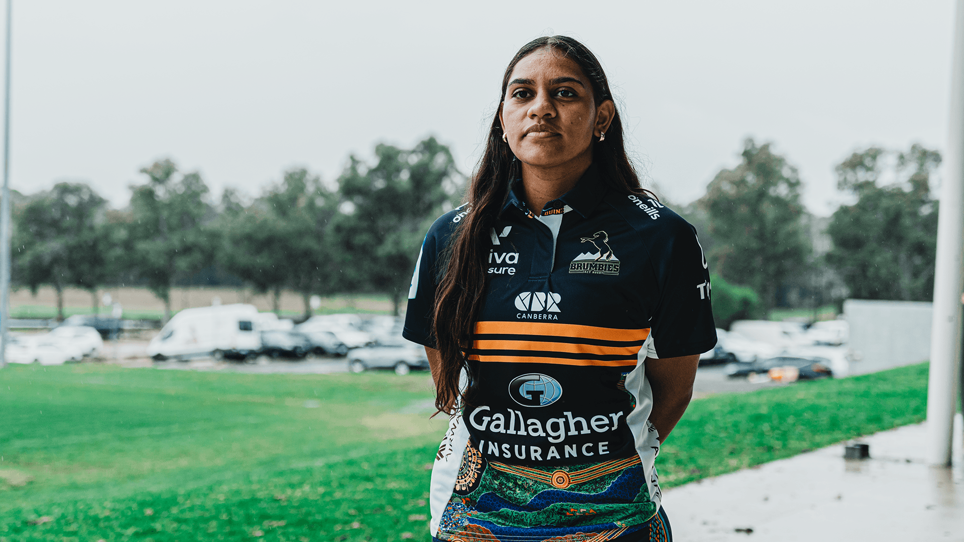 Savannah Roberts-Hickling, the first graduate of the Indigenous Pathways Program to earn a Super Rugby Women’s contract, pictured in the ACT Brumbies’ 2026 Indigenous jersey ahead of Saturday’s outing against the NSW Waratahs at GIO Stadium.