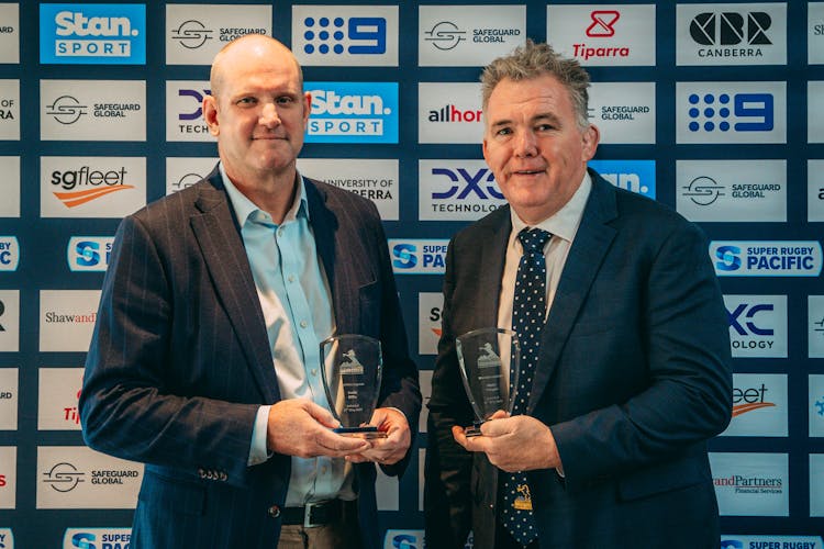Brumbies Legends David Giffin and Owen Finegan inducted at 2024 State of the Union.