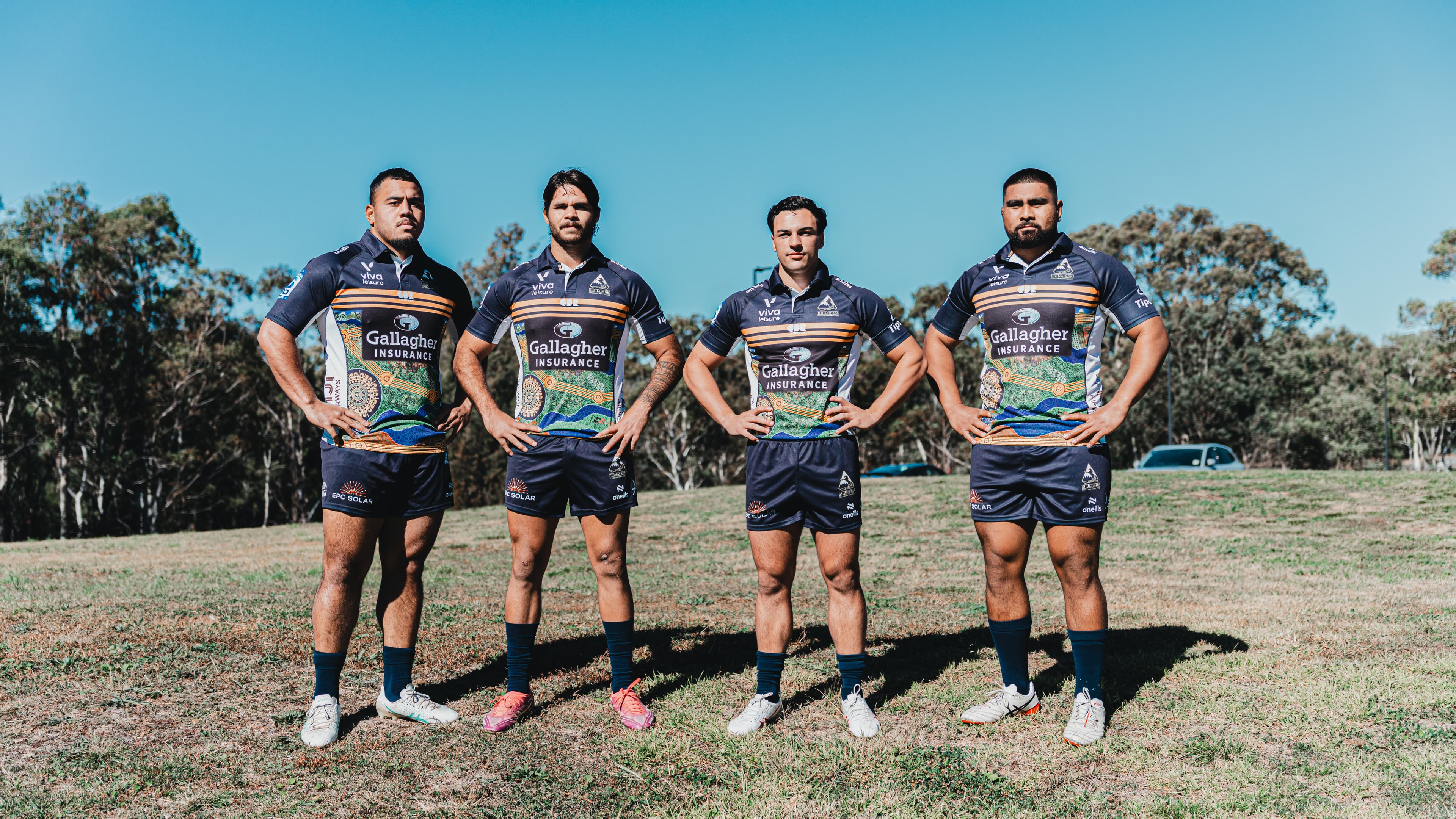 Tevita Alatini, Jarrah McLeod, Klayton Thorn, and Lington Ieli proudly wear the ACT Brumbies 2026 Indigenous jersey