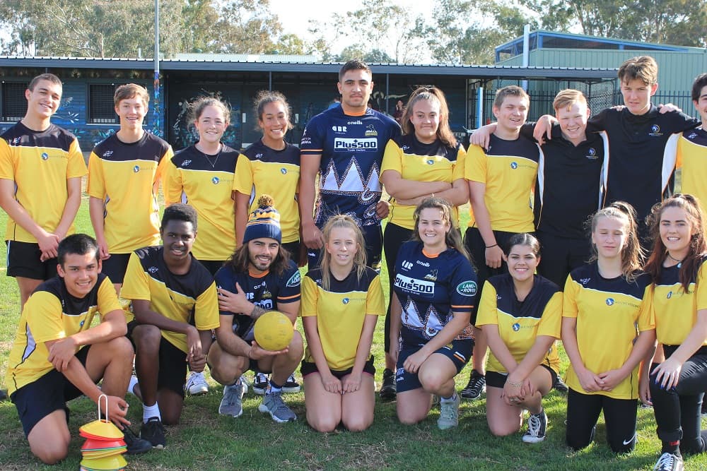 Jahrome Brown and Andy Muirhead were at Stromlo High today, trying their hand at Buroinjin, an Indigenous game from Queensland. 