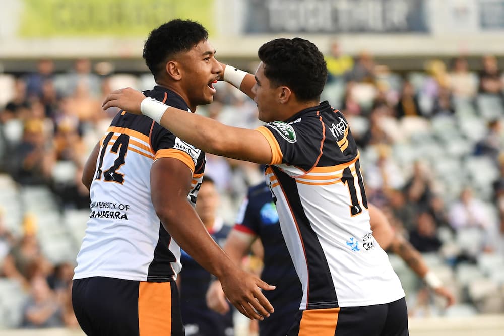 Irae Simone celebrates his second try of the 2020 season.  Photo: Getty