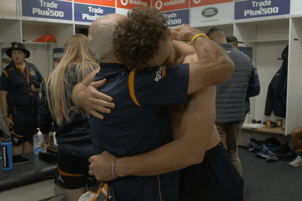 Banksy embraced in the sheds. Photo: Brumbies