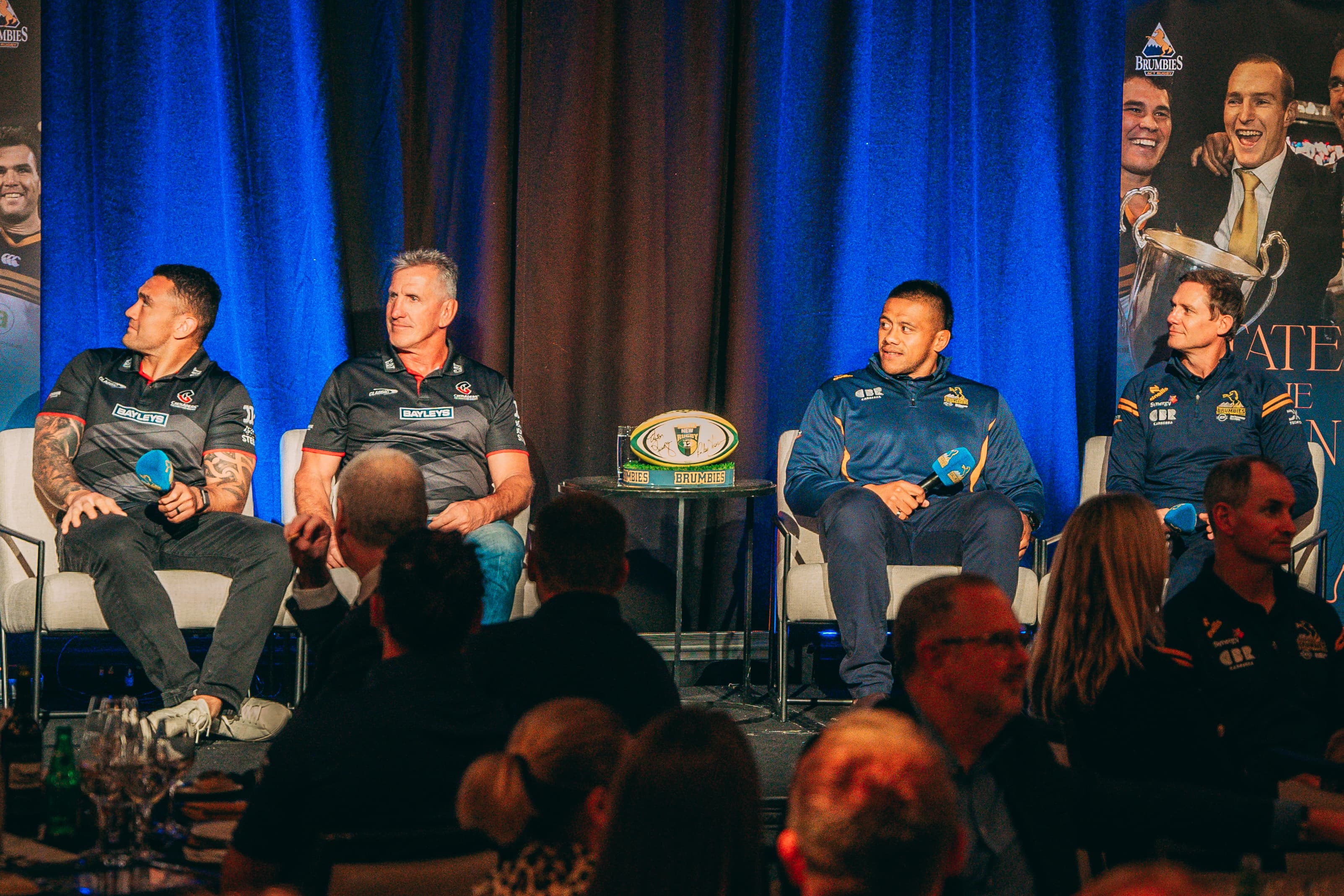 Crusader's Codie Taylor and Rob Penney together with the Brumbies' Allan Alaalatoa and Stephen Larkham.
