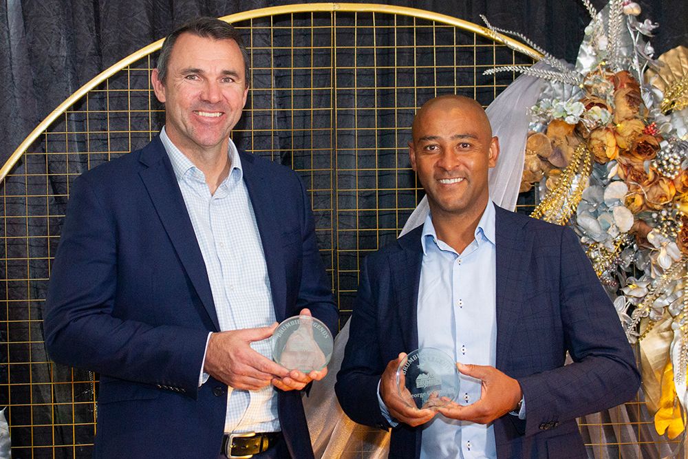 Joe Roff and George Gregan were inducted as Brumbies Legends at the State of the Union. Photo: Brumbies Media/Chelsea Wilson