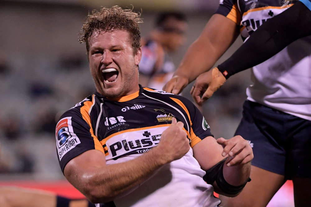James Slipper celebrates his try against the Blues. Photo: Getty Images